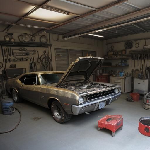 Dusty Garage Scene with Classic Muscle Car
