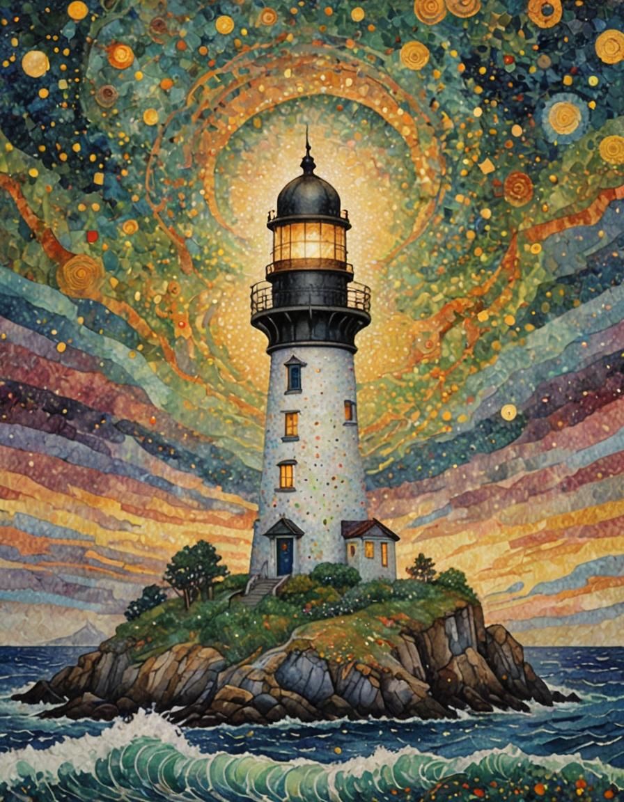 Lighthouse Pointillism in Abstract Art Nouveau Style
