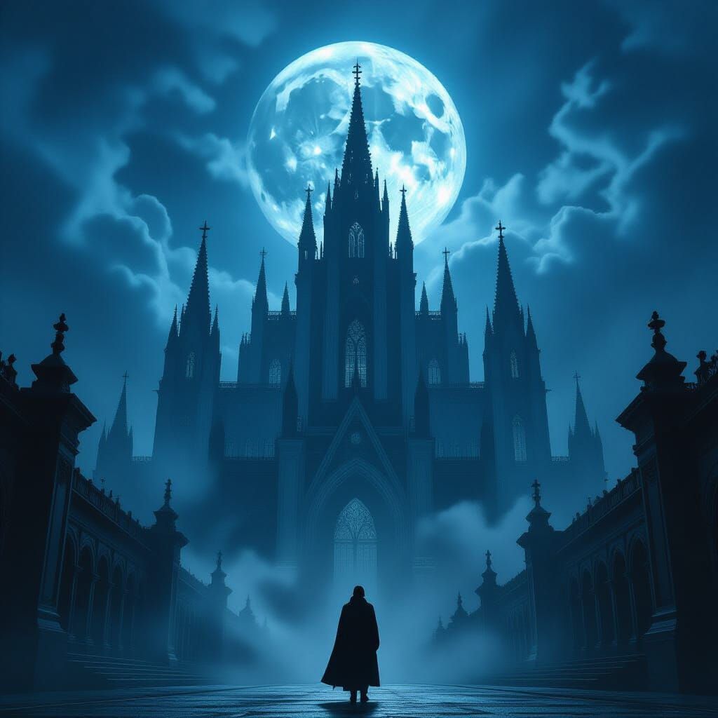 Lone Figure in Epic Gothic Landscape Under Stormy Moonlit Sk...