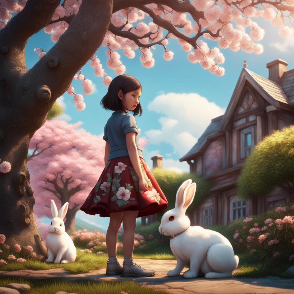 Cartoon Girl with Bunny Under Cherry Tree