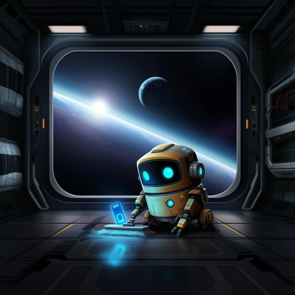 Maintenance Robot Finds Memory Stick in Space Hangar