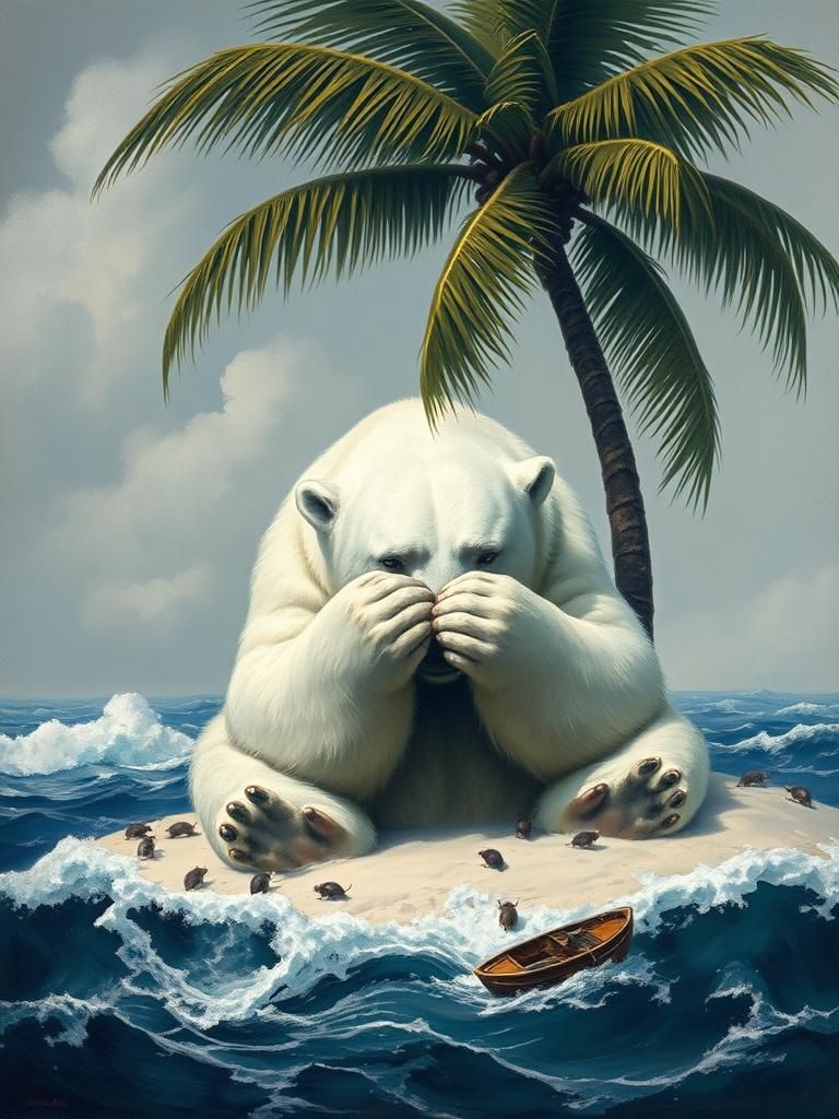 A very polar bear crying with huge tears under a palm tree o...