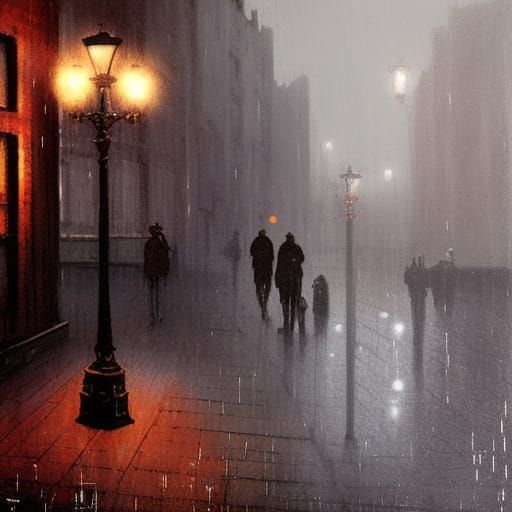 Sinister Rainy Street Scene with Lamplight