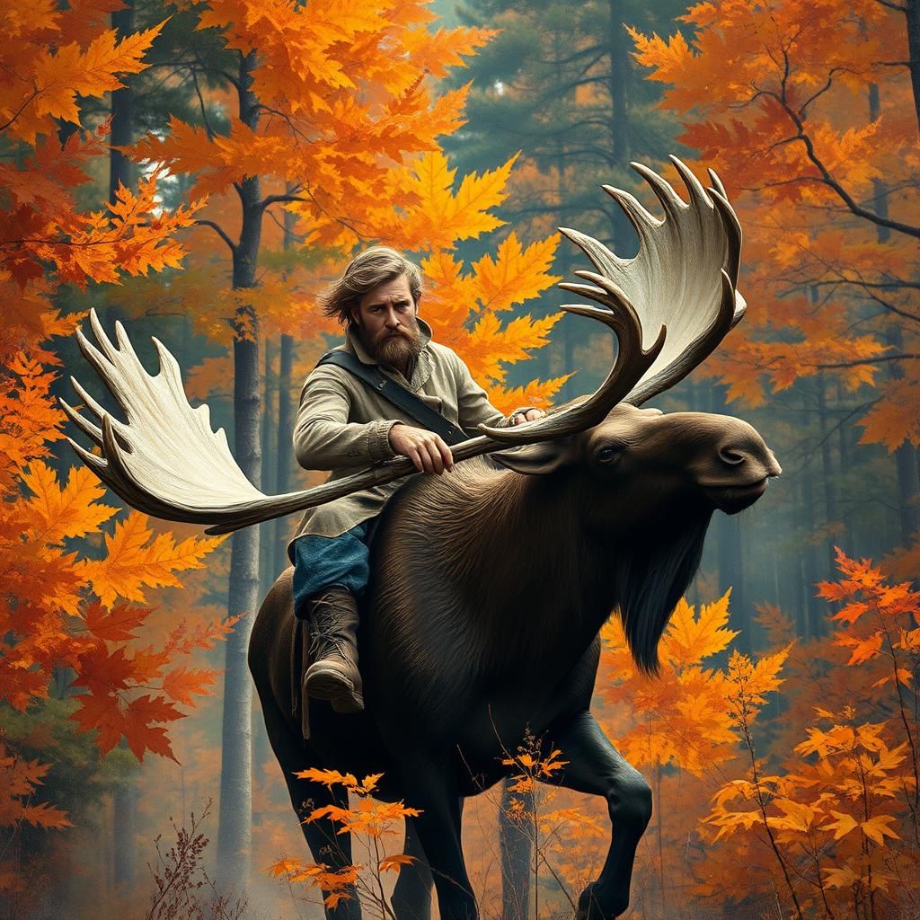 Canadian Man Rides Moose in Impressionist Forest