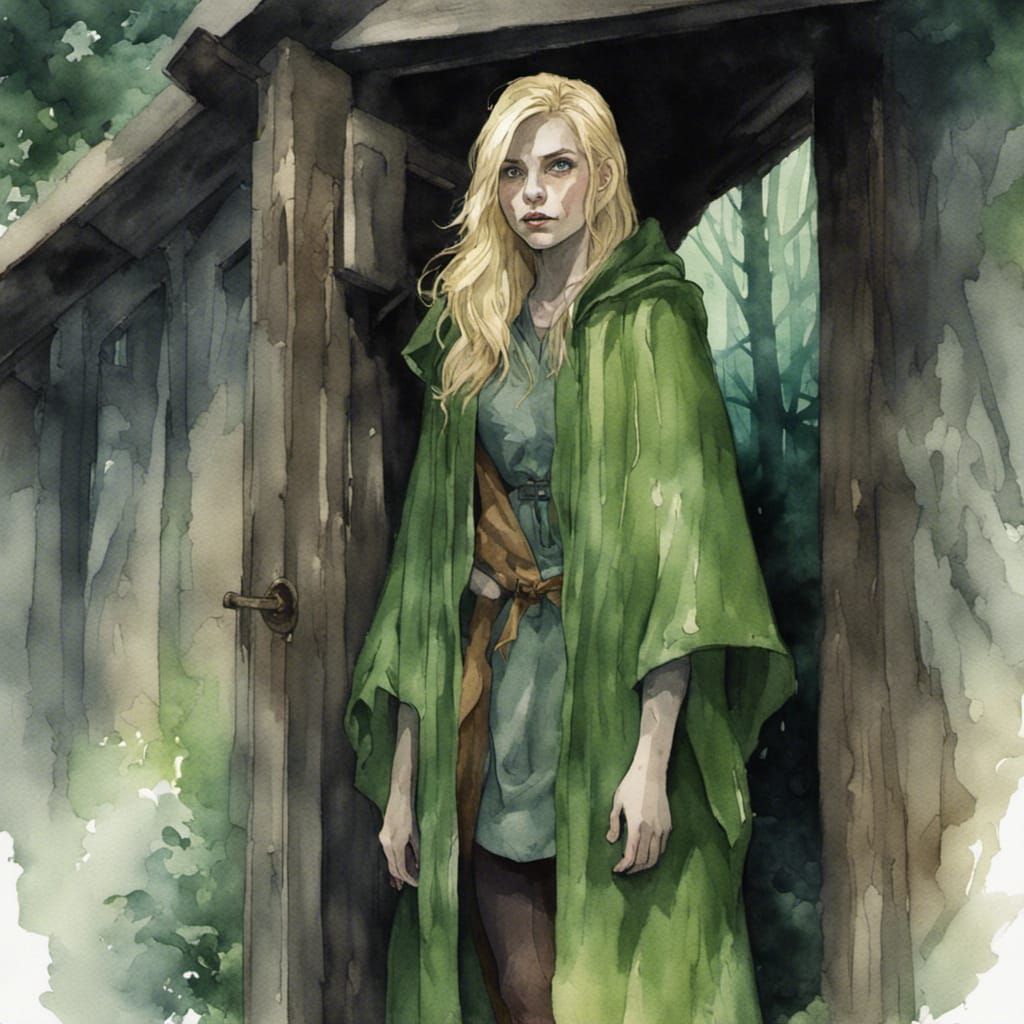 Distressed Woman in Forest Shack: Watercolour Art