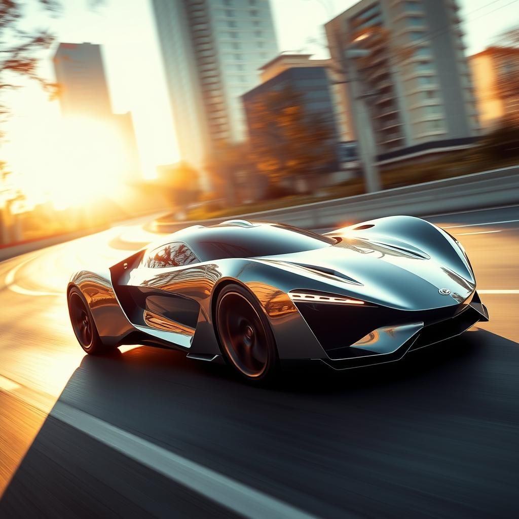 Future Car Speeding Down City Road in Photorealistic Style
