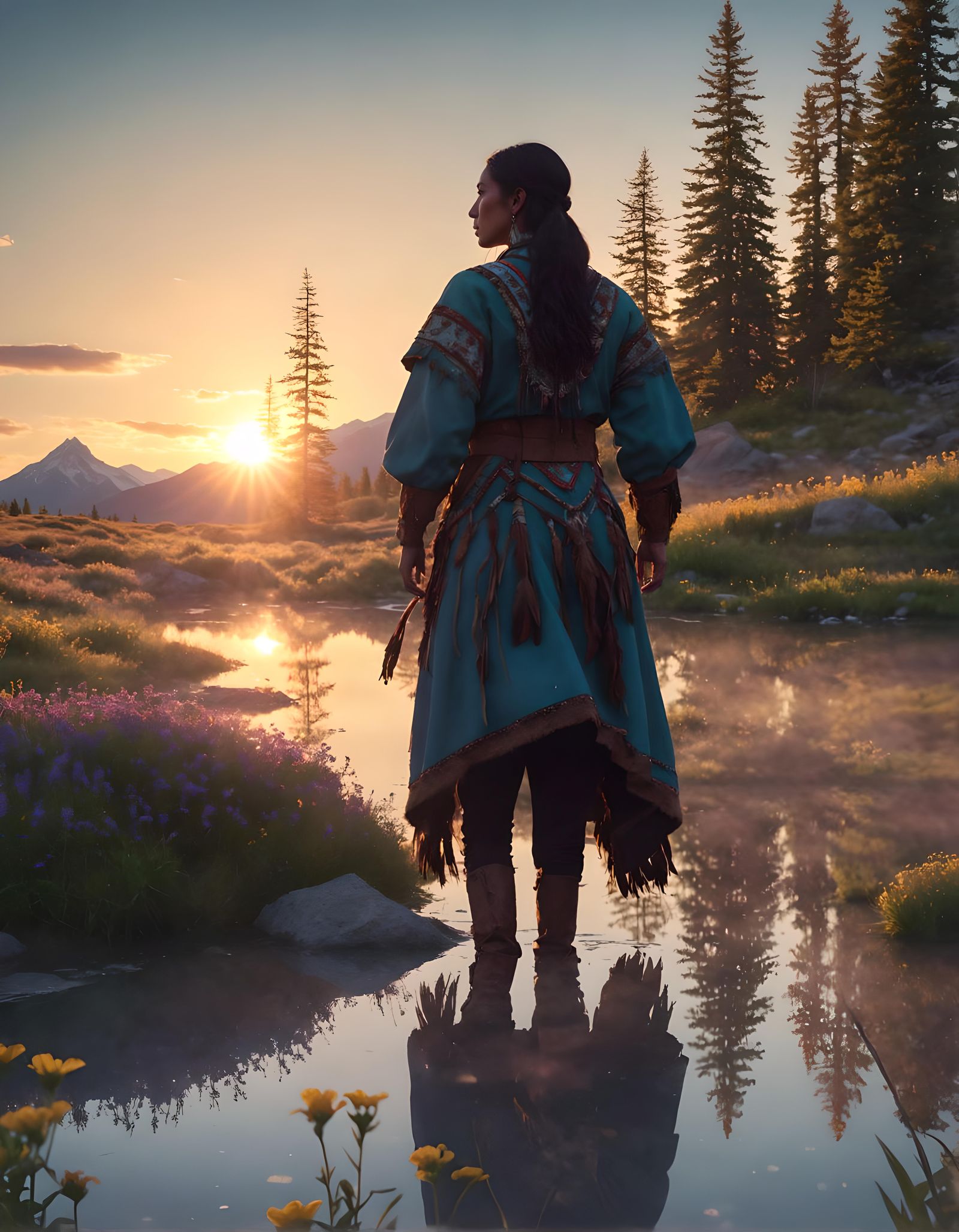 Native American Woman on Ice at Sunset
