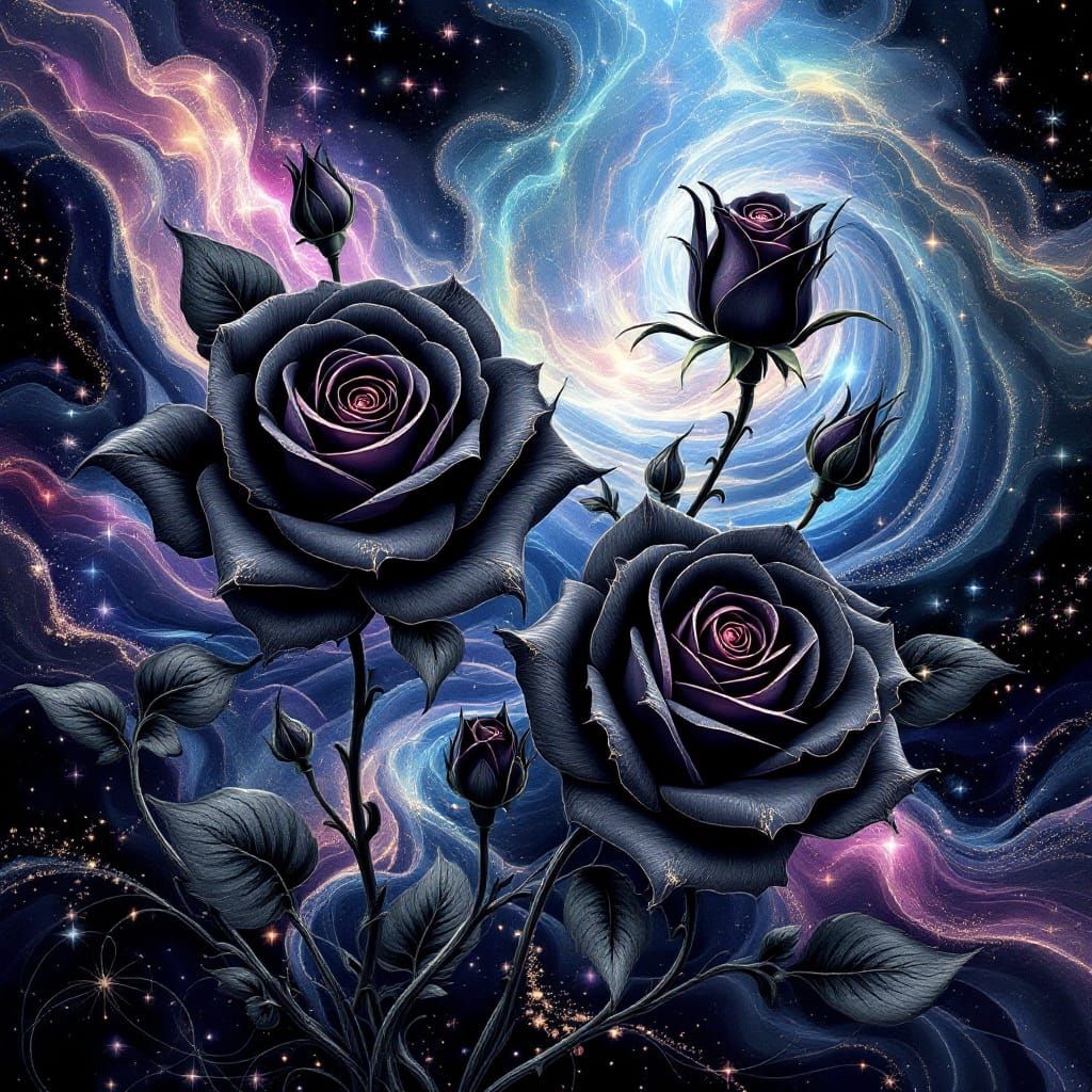 Cosmic Black Rose in Hypnotic, Swirling Patterns