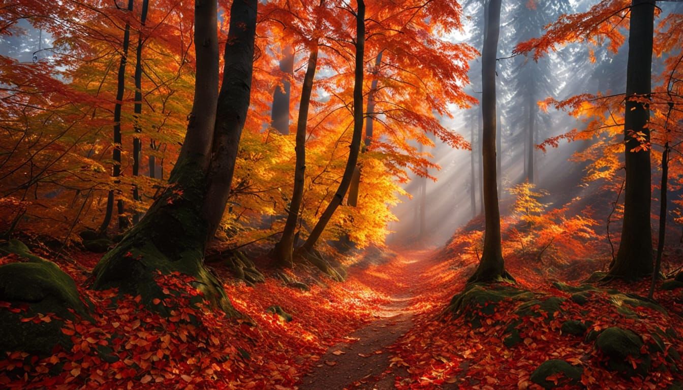Mystical Autumn Forest with Fiery Colors