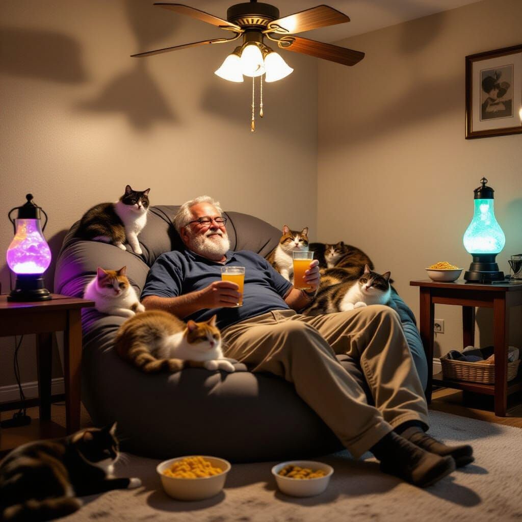 Elderly Man Relaxing with Many Cats