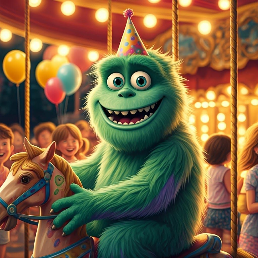 Friendly Monster on Carousel Horse at Fair, Whimsical Illust...
