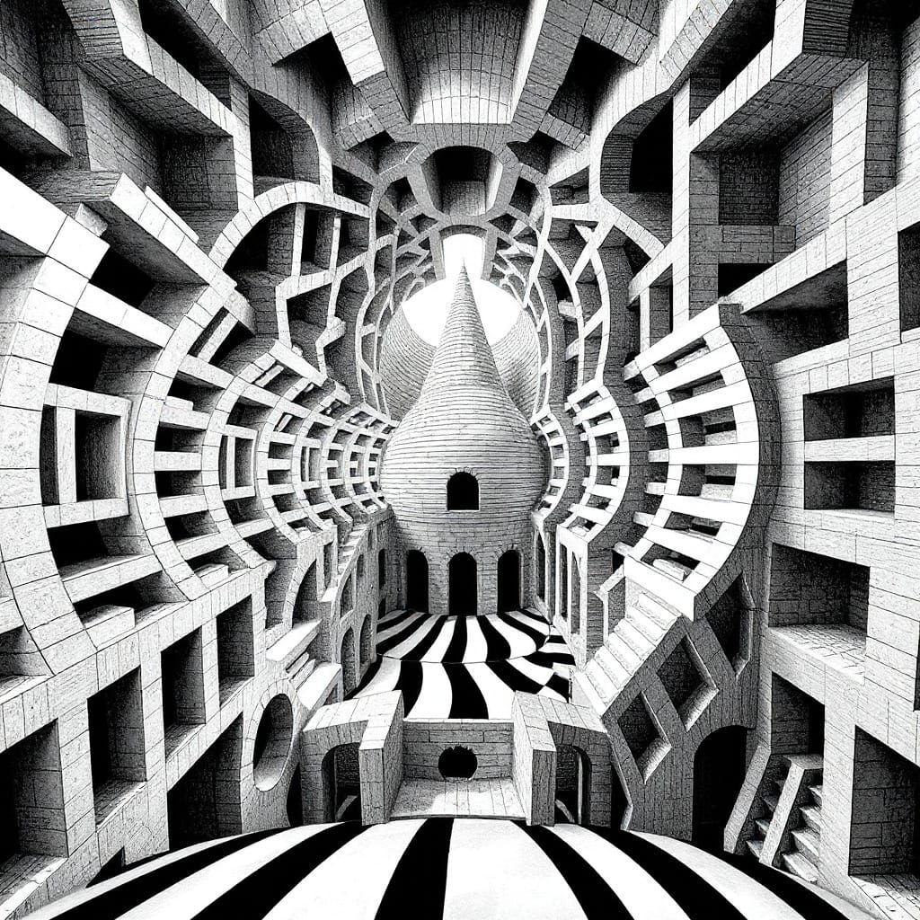 Impossible Architecture in Escher and Op Art Style