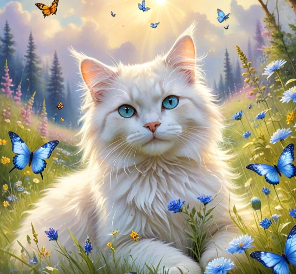 Mother Cat and Kitten in Whimsical Watercolour Spring Scene