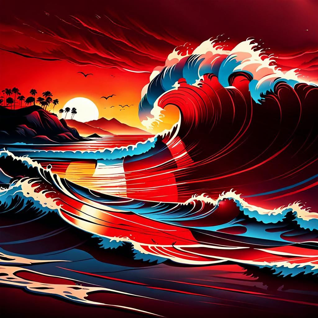 Crimson Sunset Waves: A Creepy Creative Impression