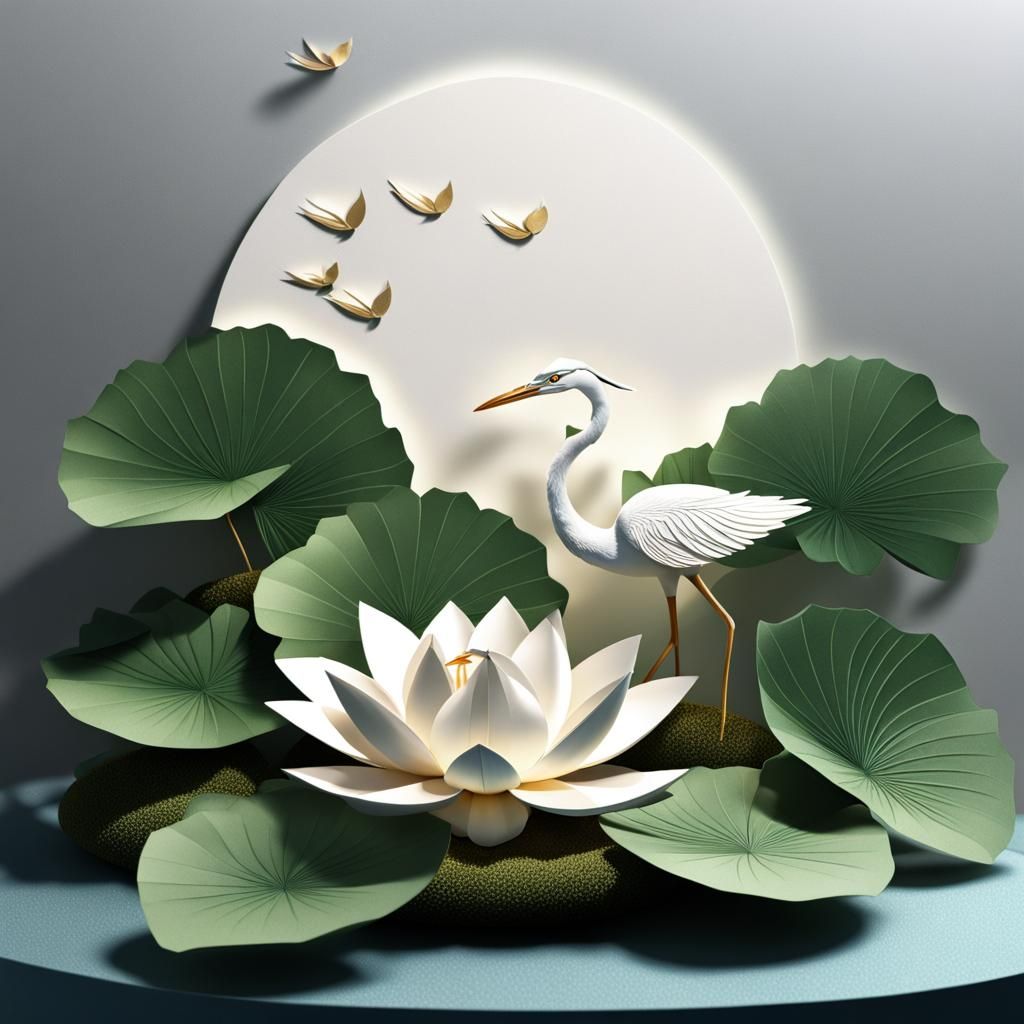 Heron and Lotus Flower in 3D Paper Art