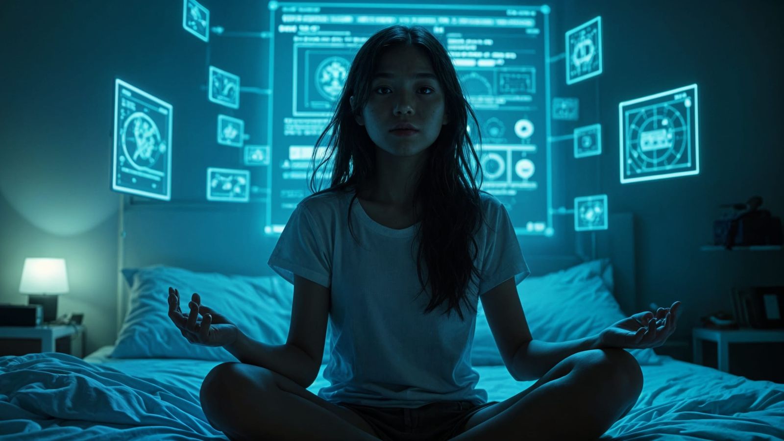 Defiant Girl Surrounded by Holographic Displays