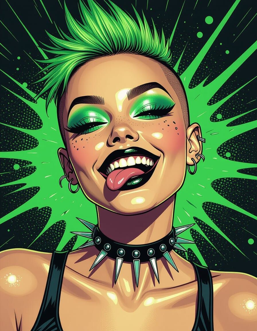 Punk Girl Portrait with Green Hair in Comic Book Style