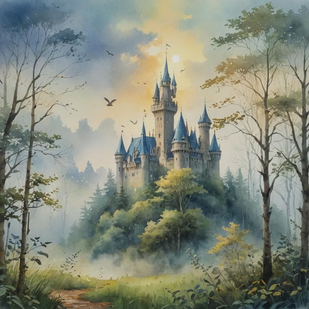 Misty Forest Castle: A Watercolor Landscape Painting