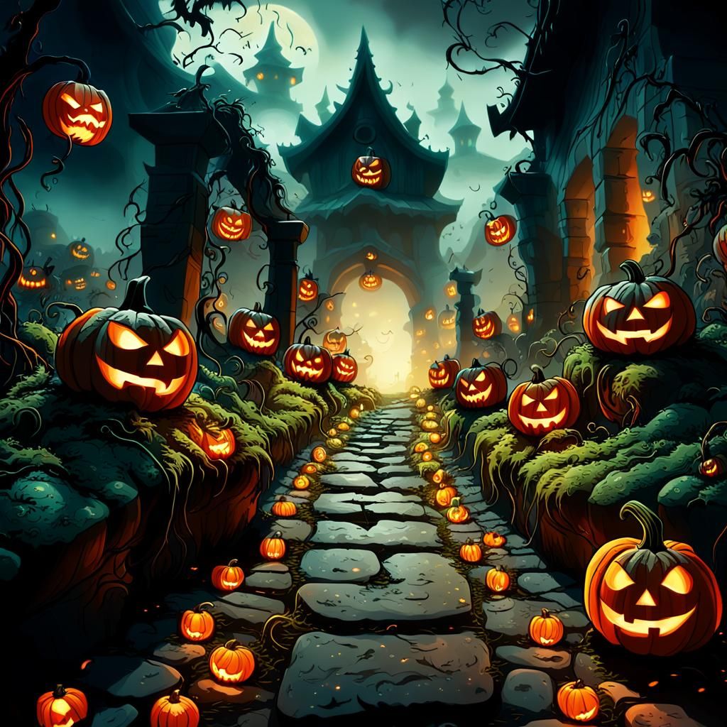 Jack-o'-Lantern Army on Misty Path: Dark Fantasy Art