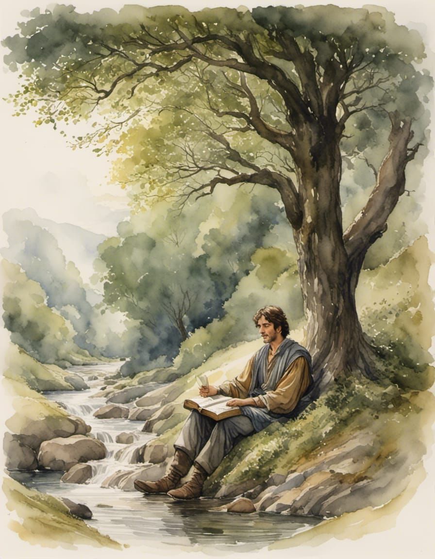 Man Resting with Bible by Stream