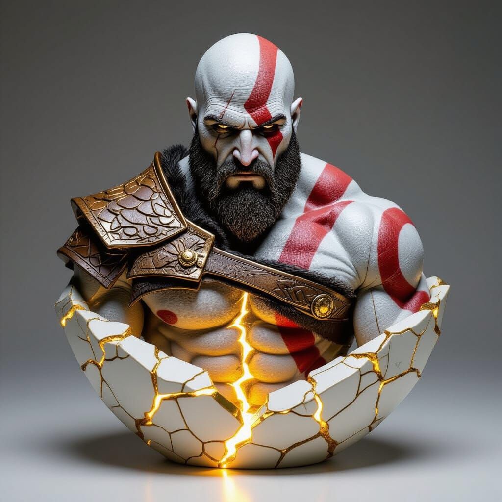 Kintsugi Kratos Sculpture Paperweight with Gold Seams