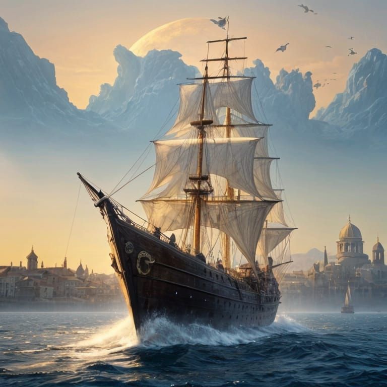 Fantasy Nautiloid Ship Enters Byzantine City