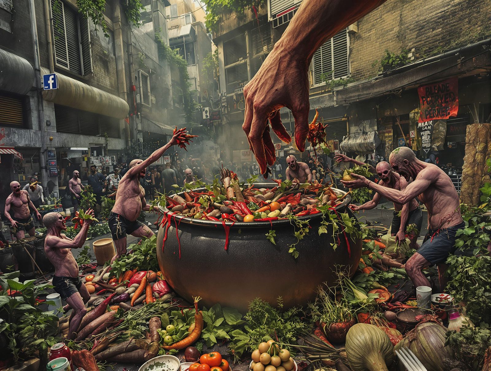 Surreal Cauldron Scene With Degenerate Humanoids and Low Foo...