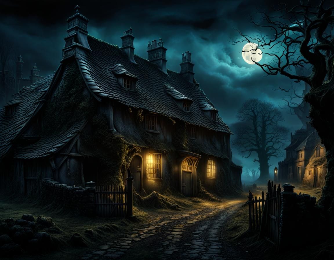 Eerie Gothic Village at Midnight: Dark Fantasy Concept Art