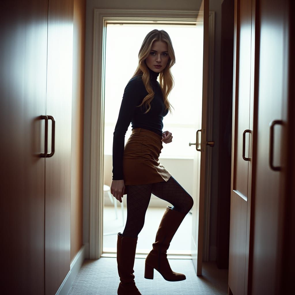 Elegant Blonde Woman in Morning Routine, Cinematic Film Stil...