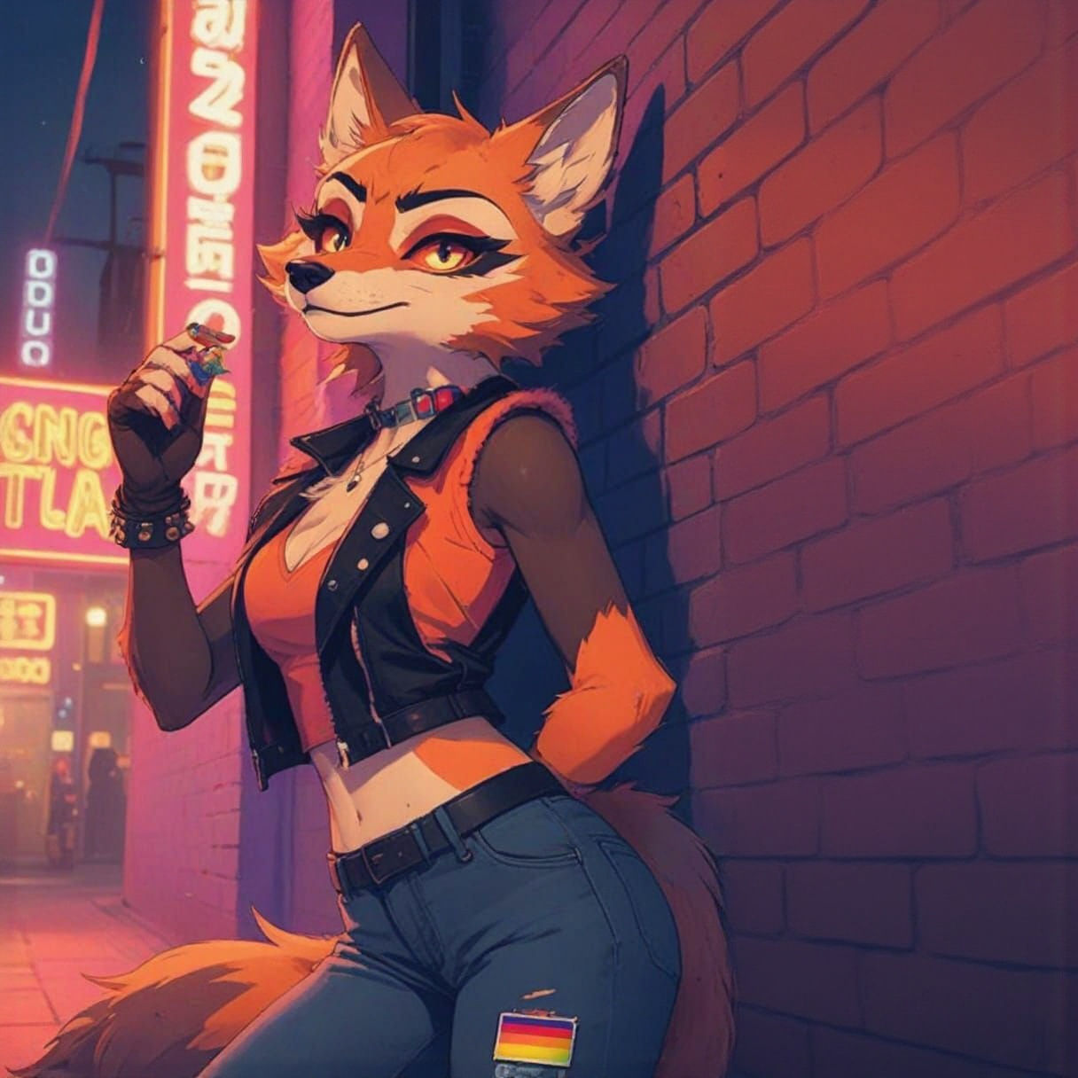 Wolf-Woman Lounging in Neon Alley