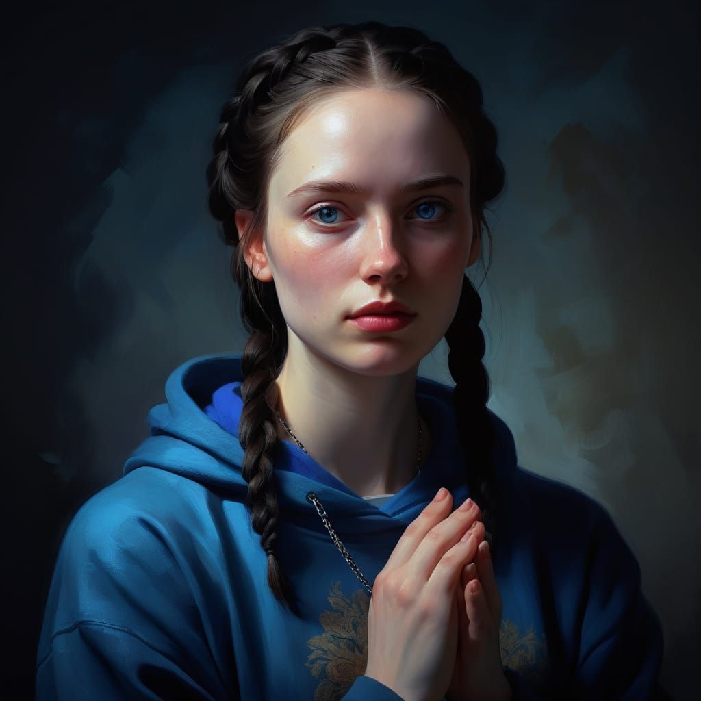 Renaissance Oil Painting of a Girl in a Blue Hoodie