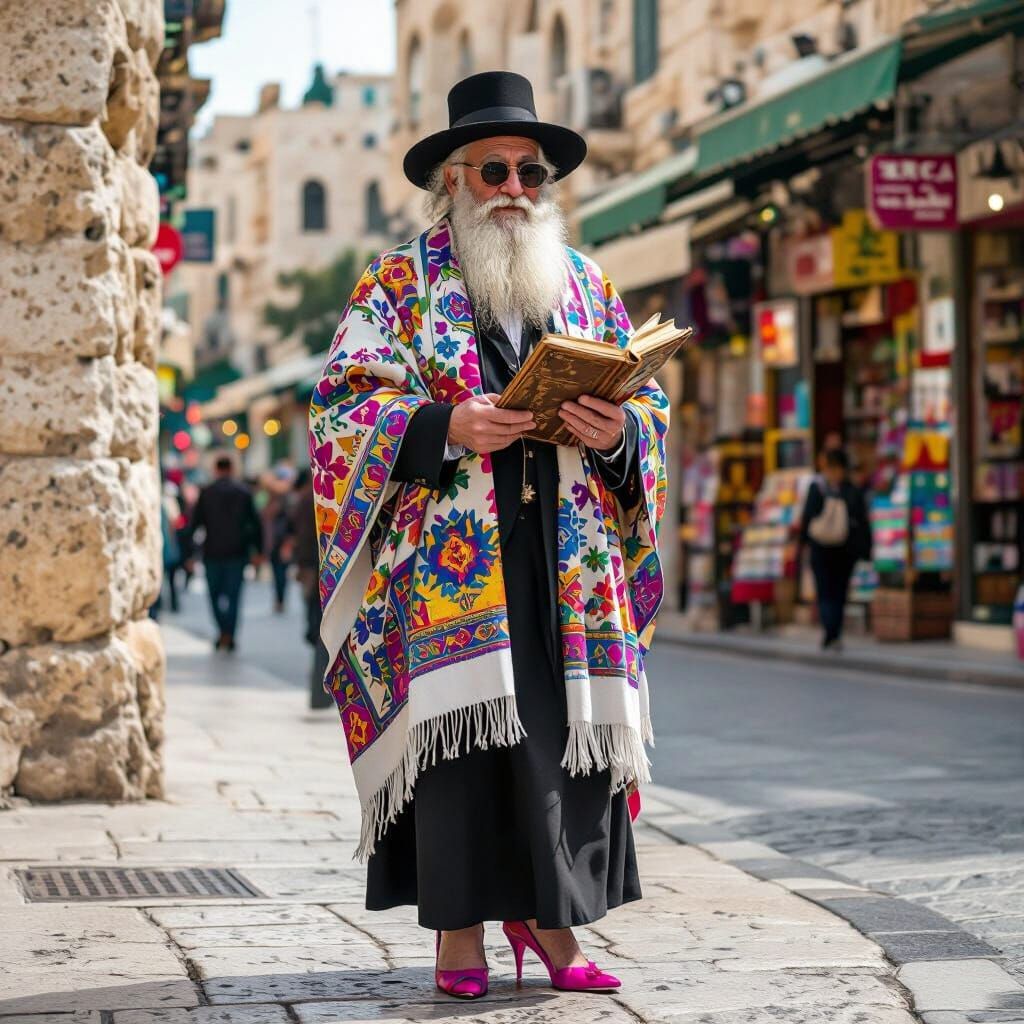 Rabbi with Pink Heels on Jerusalem Street, Hyperrealistic