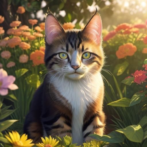 Vibrant Cat in a Sunlit Flower Garden