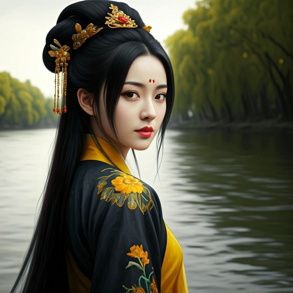 Chinese Goddess Nu Ying Walks the Xiang River in Zhou Dynast...