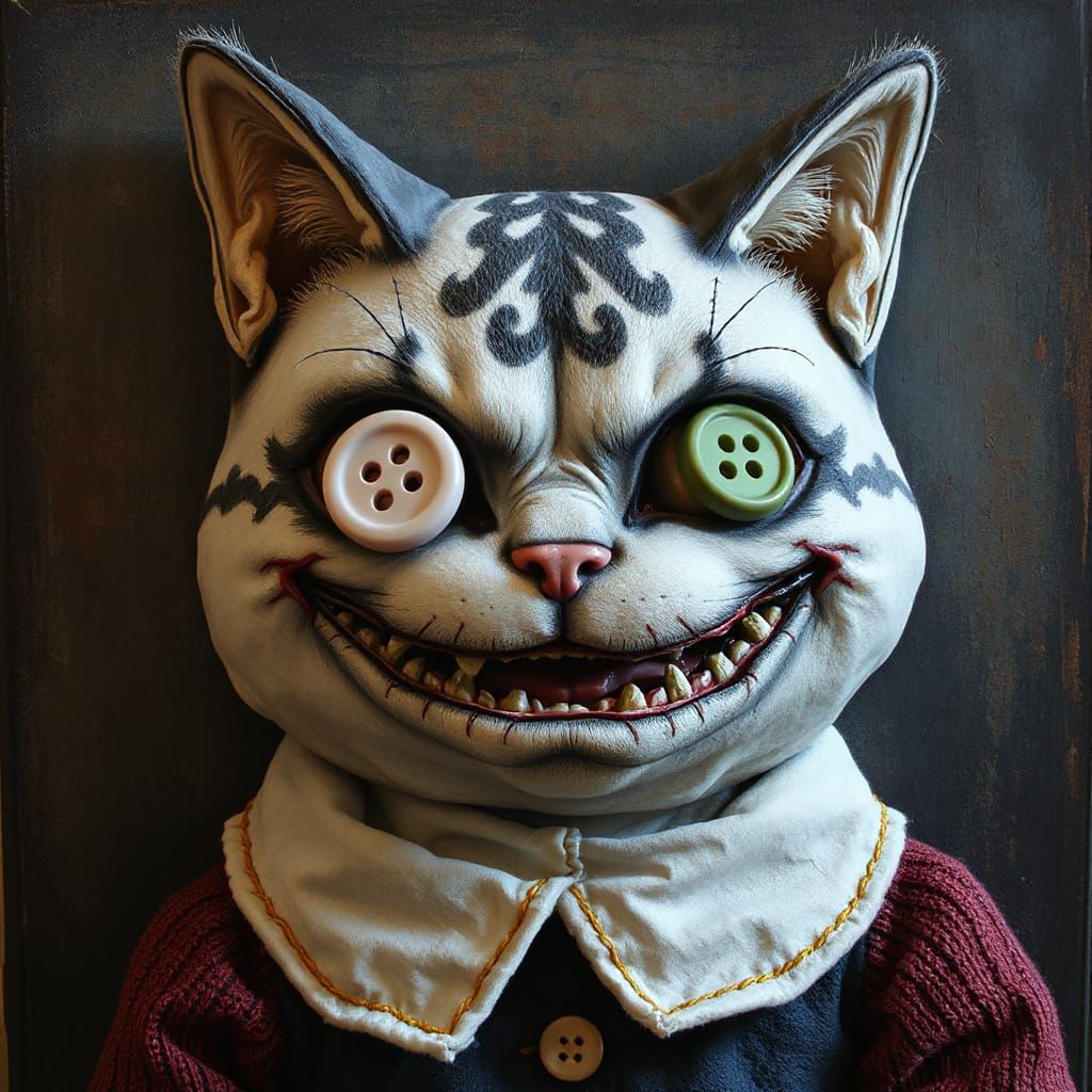 High Relief Trompe L'oeil of Creepy Raggedy Cat in Distresse...