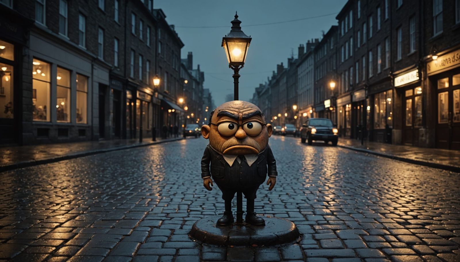 Grumpy Streetlamp Glaring on Wet Cobblestone Street at Twili...