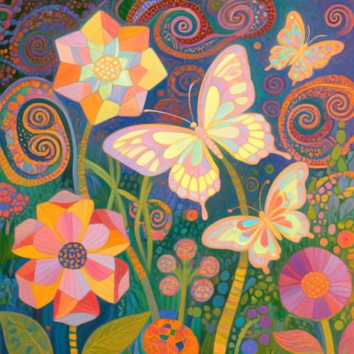 Geometric Garden with Butterflies in Gouache Style
