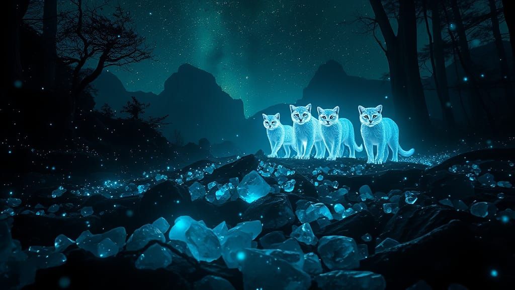 Glowing Crystal Felines in Primeval Forest Cosmos