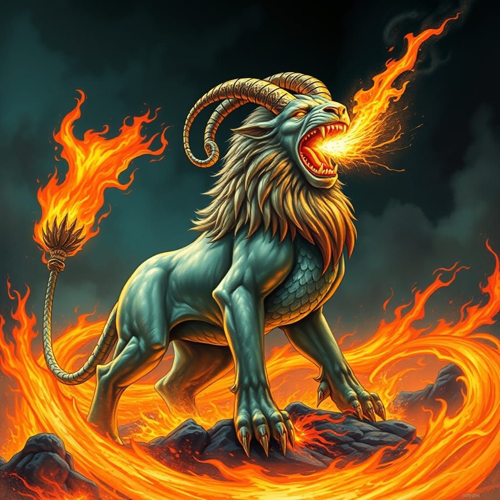 Majestic Chimera Breathes Fire in Fantasy Illustration