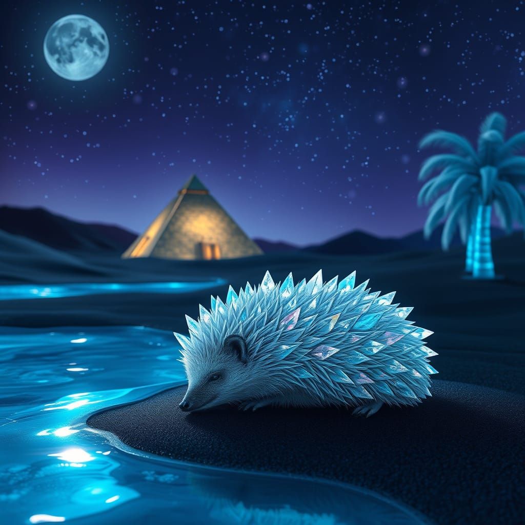 Snow hedhehog, iridescent ice cubes instead of its thorns, sleeping on black cosmic sand, next to the water, cosmic trop...