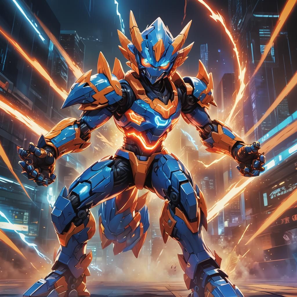 Cybernetic Digimon Warrior in High-Energy Fight Scene