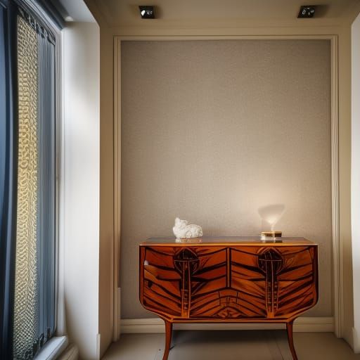 Modern home interiors, art deco, furniture, intricately detailed, 8K resolution