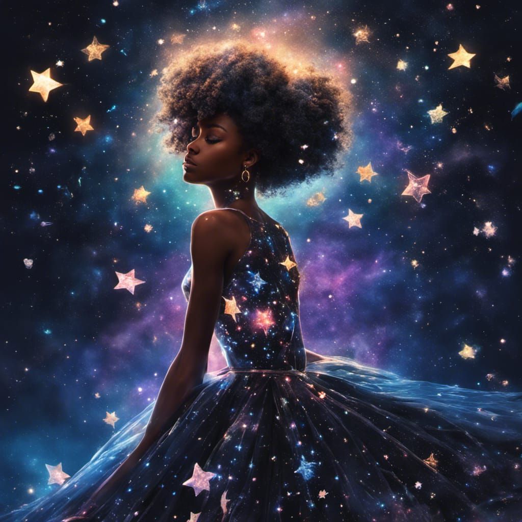 Black Teenage Goddess in Starry Prom Dress