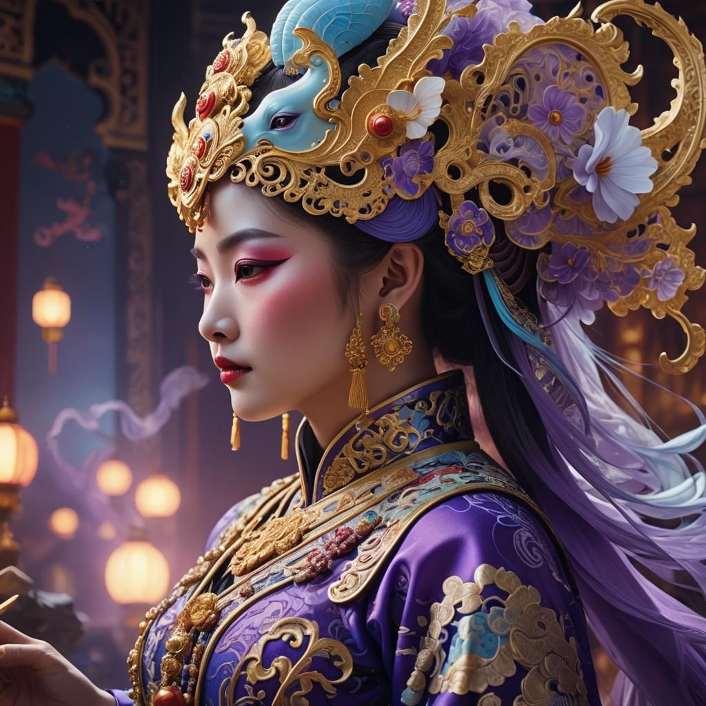 Chinese Opera Actress with Ghostly Mask in Rococo Style