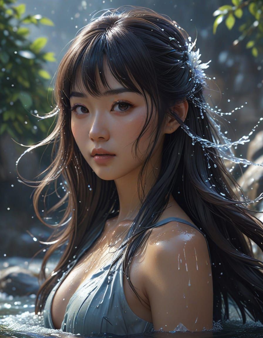 Majestic Asian Water Goddess in 3D Anime Art Style