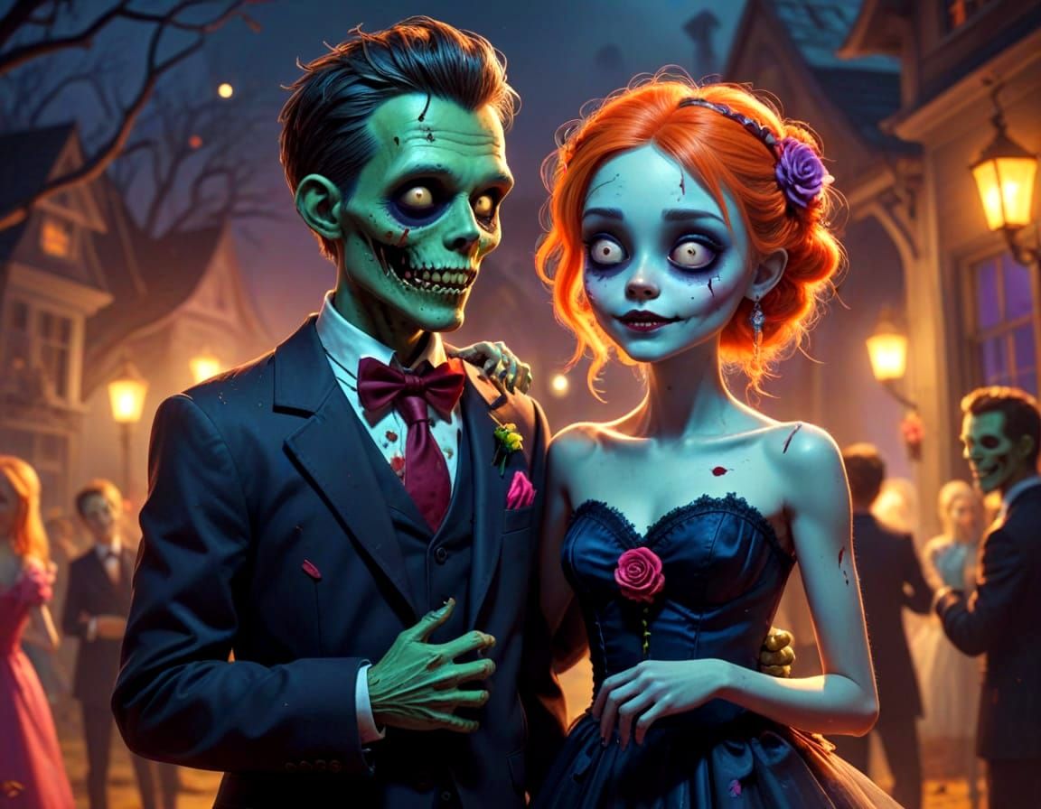 Zombie Prom Night Whimsical Illustration