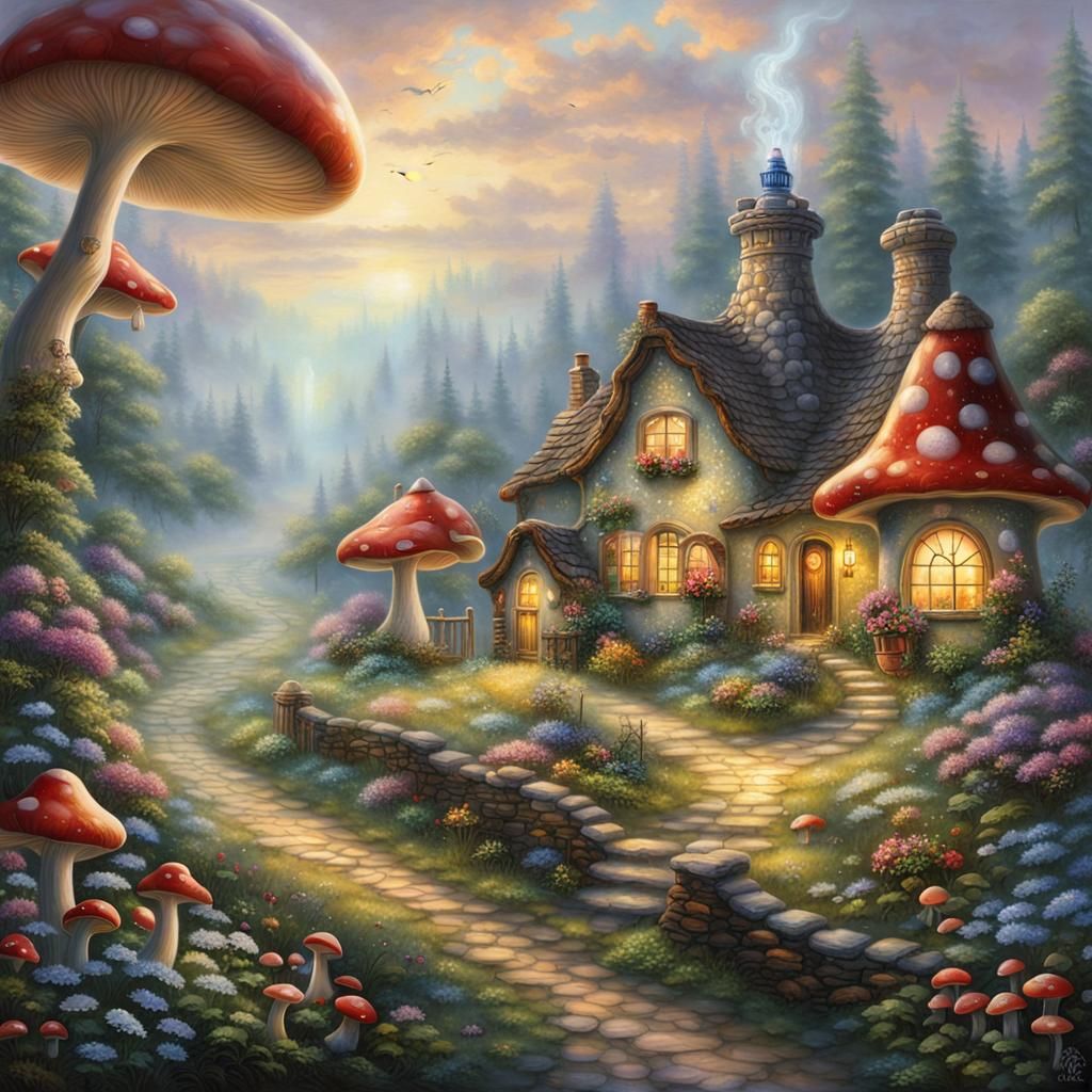 Mushroom Village in Glass Bottle, Fantasy Art