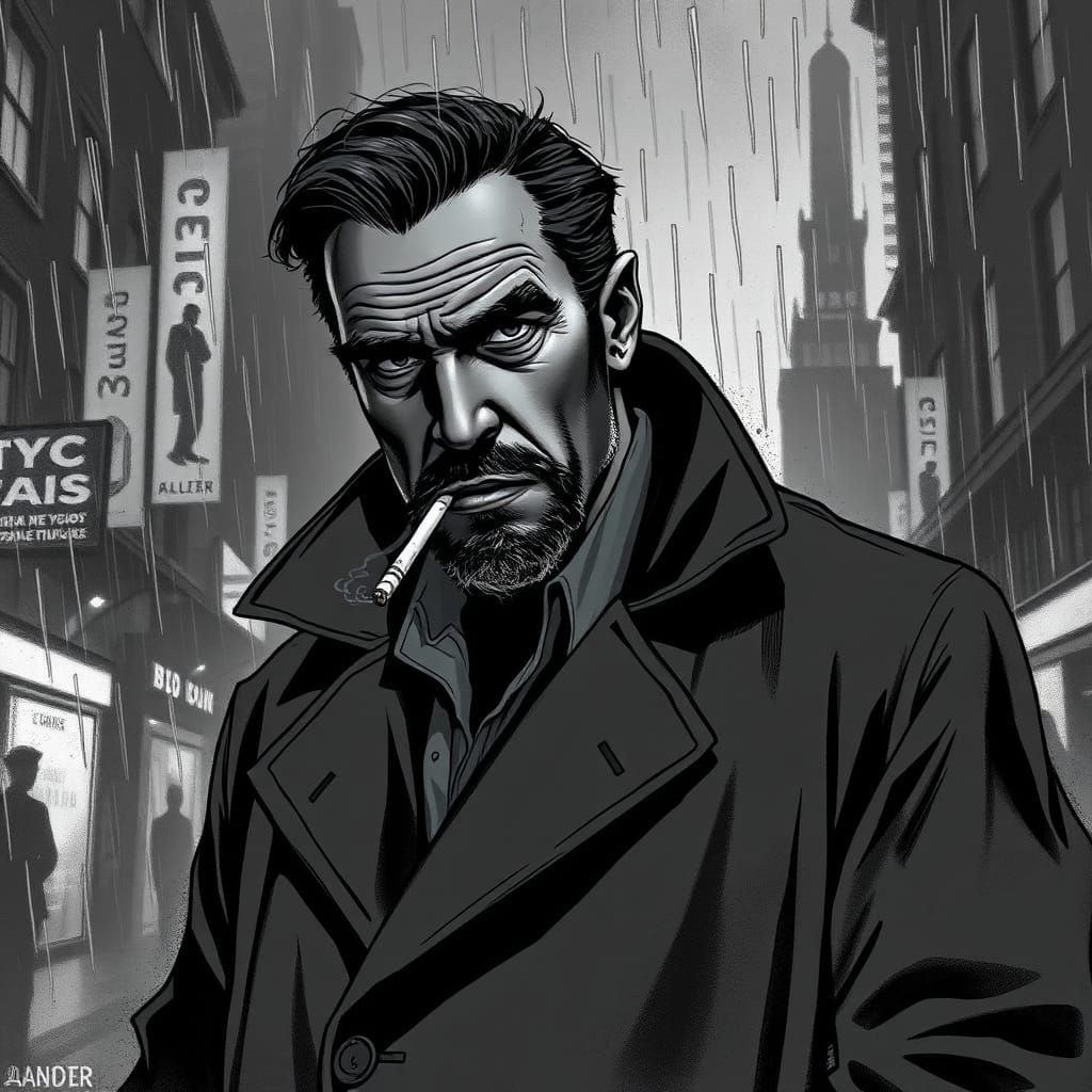 Neo-Noir Man in Rainy Cityscape, Monochrome Digital Art