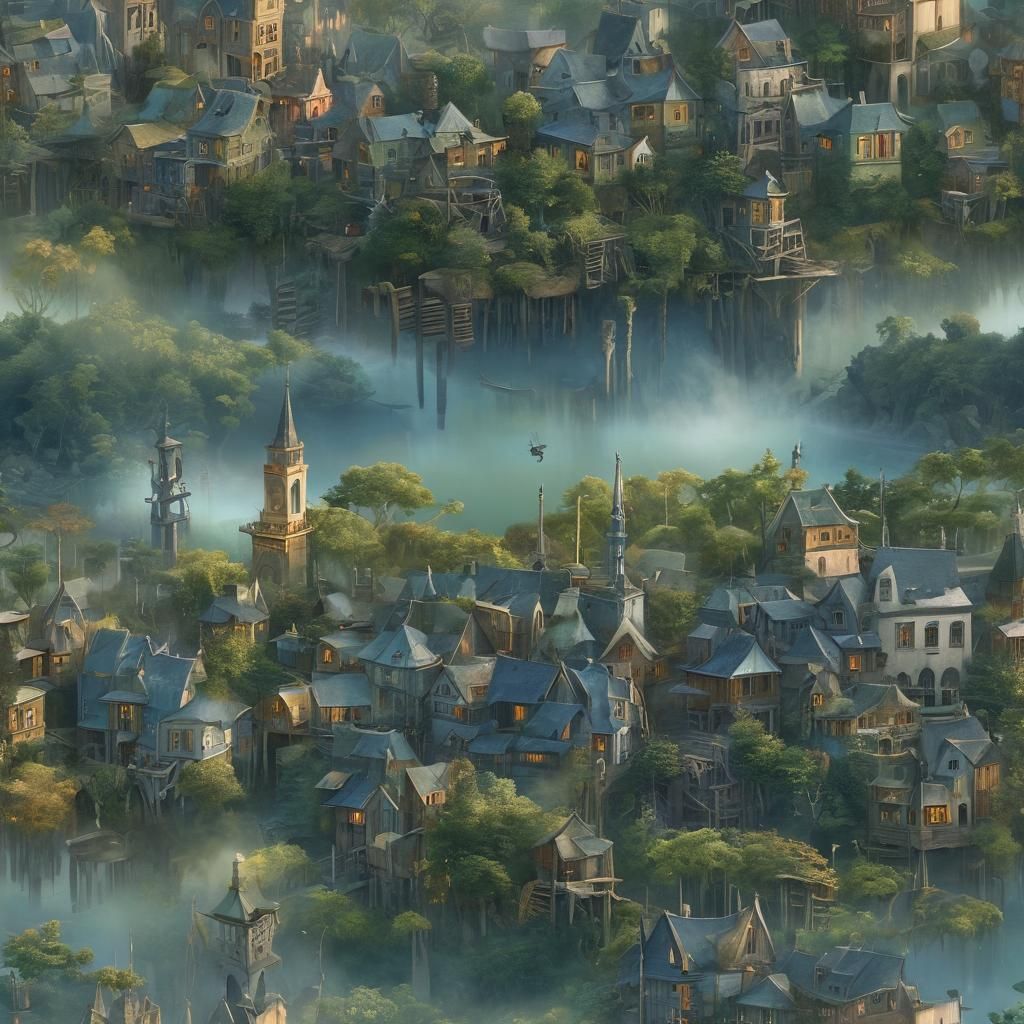 Eerie Cityscape Matte Painting with Golden Lights