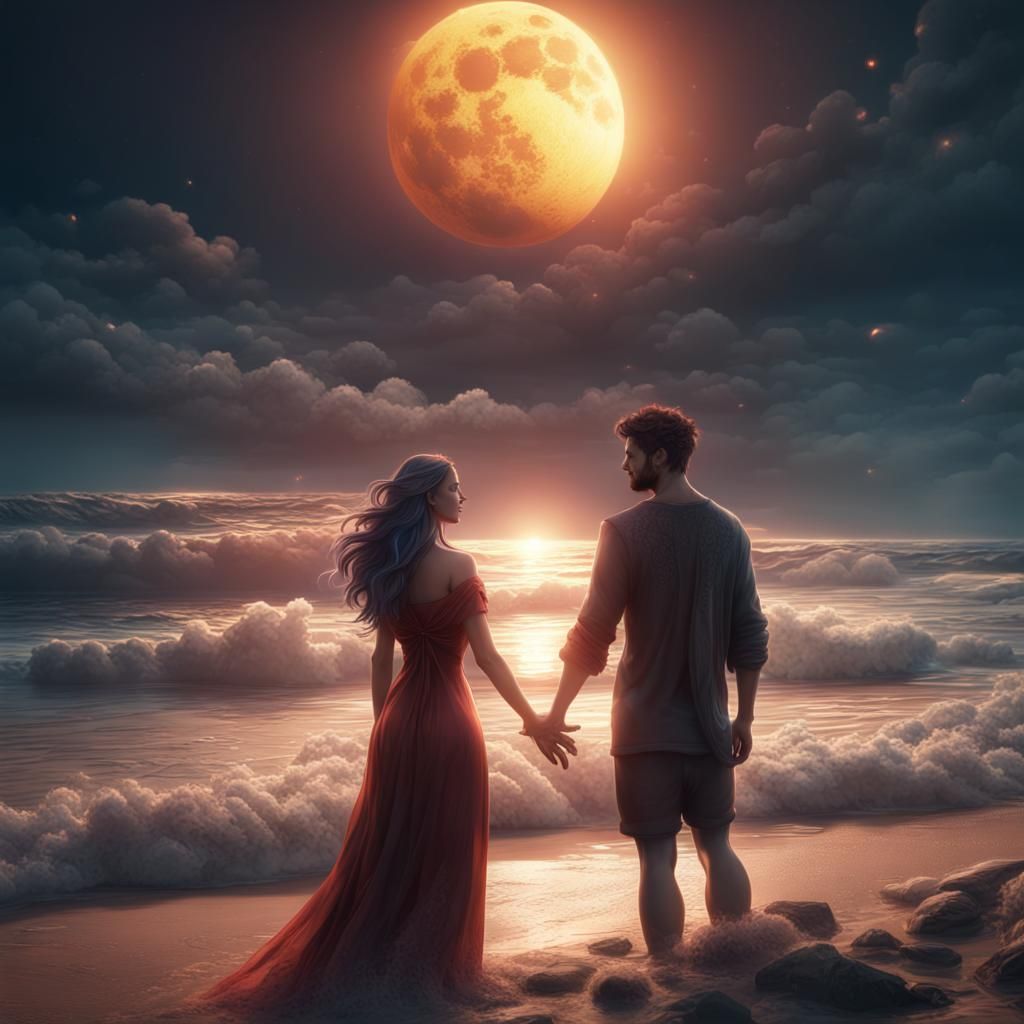 Lovers Embrace Under Celestial Sky: Fantasy Concept Art